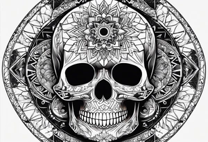skull with geometric icons looks like a mandala tattoo idea