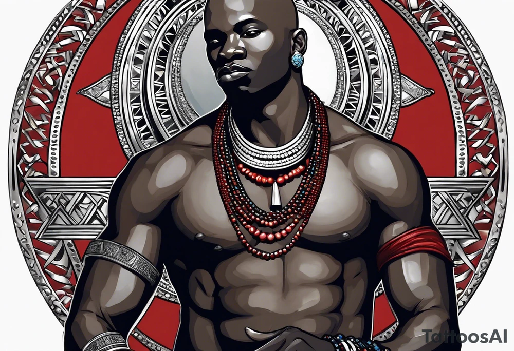 Black-skinned bald african warrior. He wears a simple and small silver crown. He uses two simple necklaces: one blue, other red. He has cowry shells in his crown tattoo idea