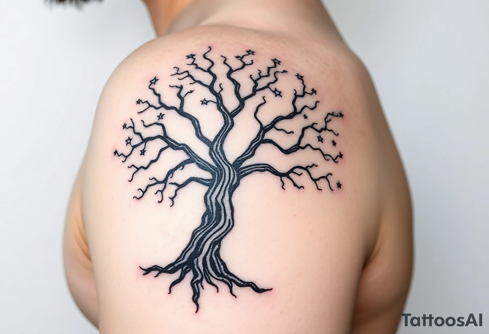 Flowing asymmetrical symbolic tree quarter sleeve on shoulder. Bold and simple branches that do not look realistic. Tree of gondor with seven stars tattoo idea