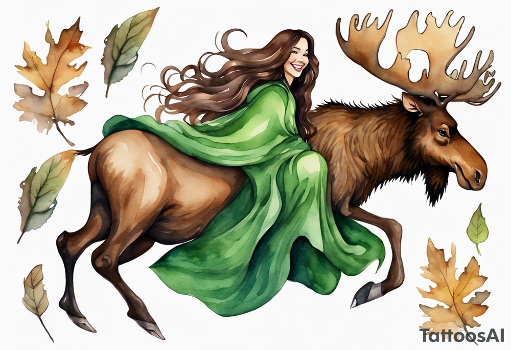 a watercolor of a curvy woman with long brown hair and brown skin and green eyes wearing a fur cloak laughing riding on the back of a moose tattoo idea