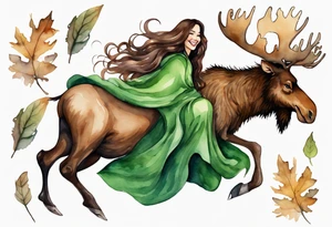 a watercolor of a curvy woman with long brown hair and brown skin and green eyes wearing a fur cloak laughing riding on the back of a moose tattoo idea