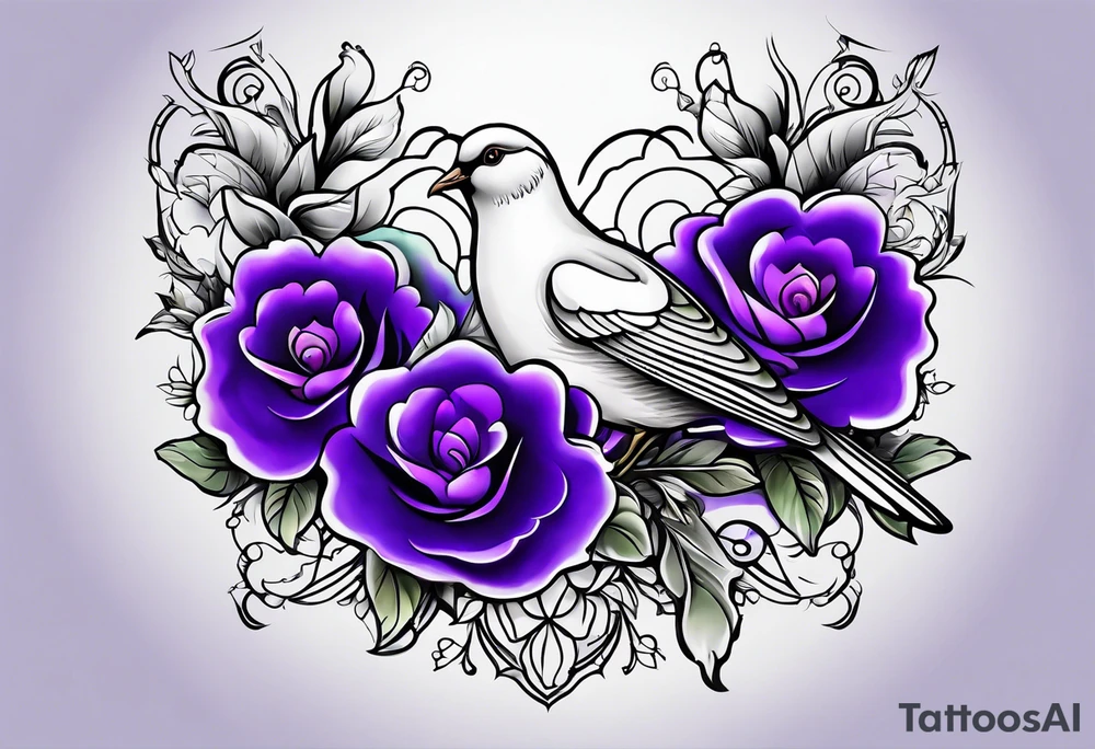 Forearm tattoo with purple flowers to always remember my grandma that passed away with a small white dove and heaven things added like clouds and stairs. tattoo idea
