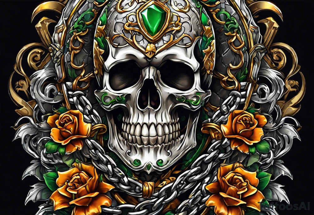 full color illustration of an irish skeleton pulling a chainfall tattoo idea