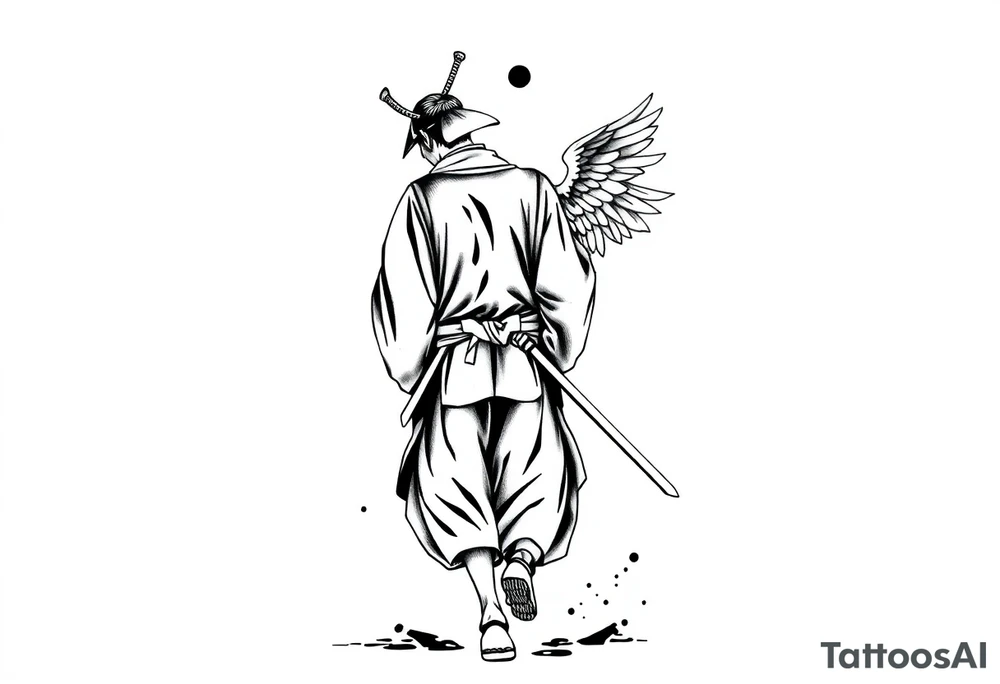 A blackwork tattoo depicting a samurai walking forward from behind. The samurai is dressed in a traditional kimono and hakama, holding two long katanas in a relaxed yet combat-ready stance. A small angel with detailed feathered wings is pushing him from behind. Strong contrast, dynamic ink splashes, sumi-e brushstrokes, a minimalist white background, dramatic lighting, an emotional and symbolic composition, and highly detailed linework. tattoo idea
