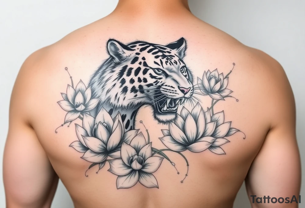 fierce tiger emerging through blooming lotus flowers in mist tattoo idea