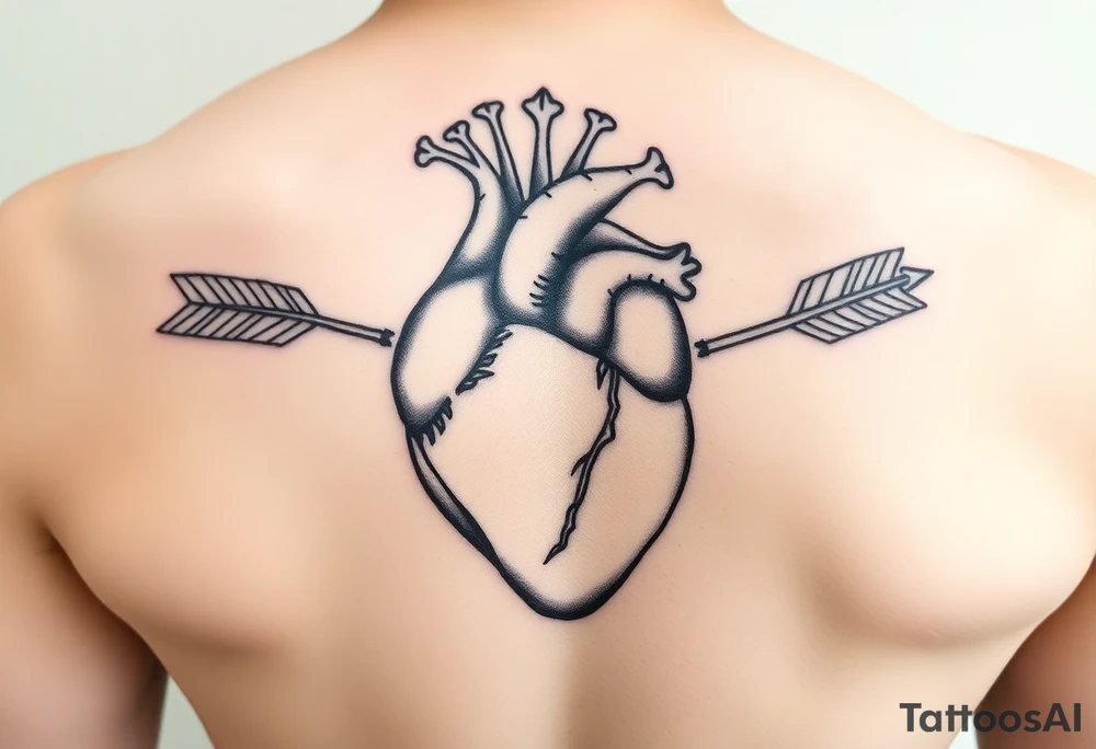 anatomical heart pierced by ornate arrow with representation of surviving addiction tattoo idea