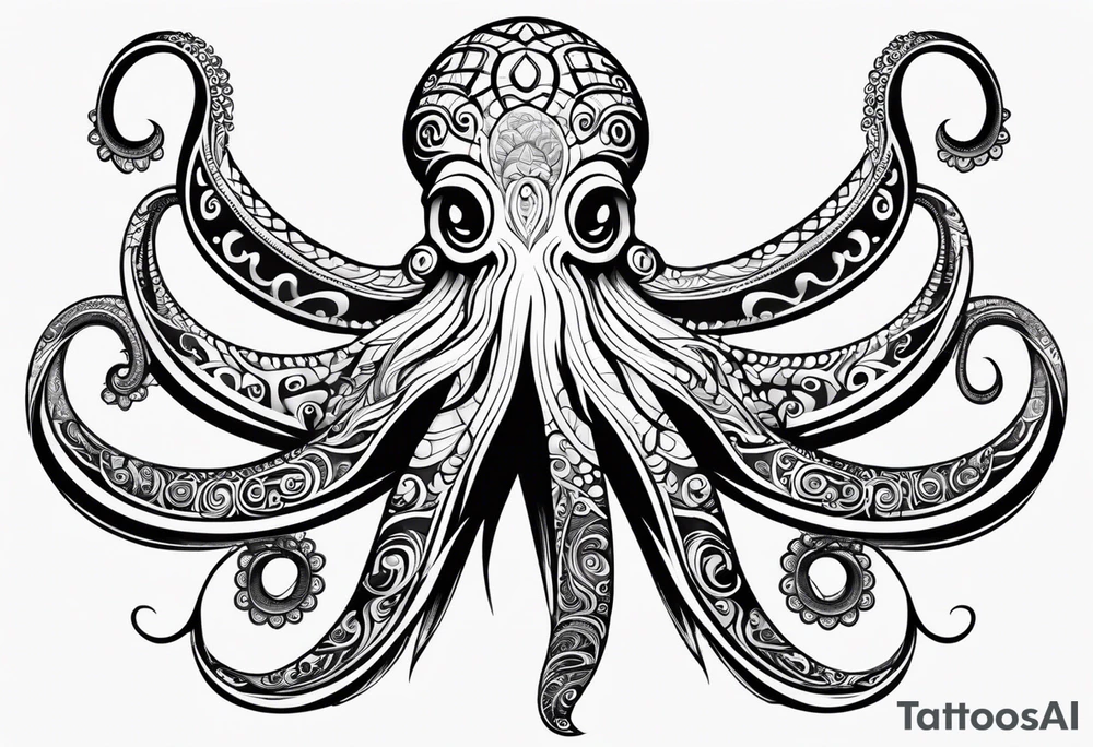 Hawaii tribal octopus with thick lines, less detail, and water waves tattoo idea