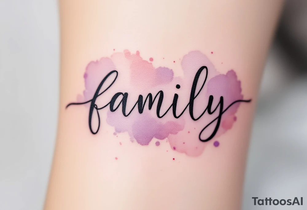 A watercolor splash in dusty rose and lavender behind the word family in sleek black ink. tattoo idea