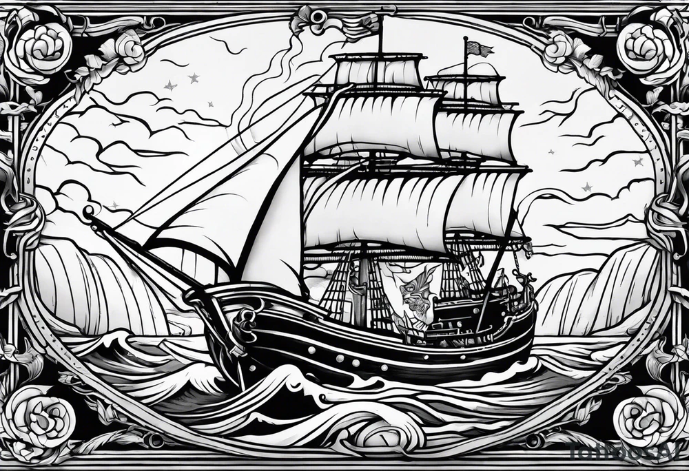 A American traditional tattoo style ship sinking with a mermaid on the right holding a rope and the mermaid on the left holding a dagger tattoo idea