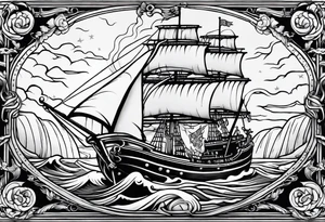 A American traditional tattoo style ship sinking with a mermaid on the right holding a rope and the mermaid on the left holding a dagger tattoo idea