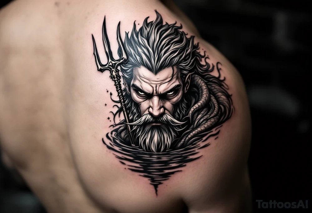 fit young poseidon with trident half way in calm water tattoo idea
