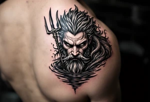 fit young poseidon with trident half way in calm water tattoo idea