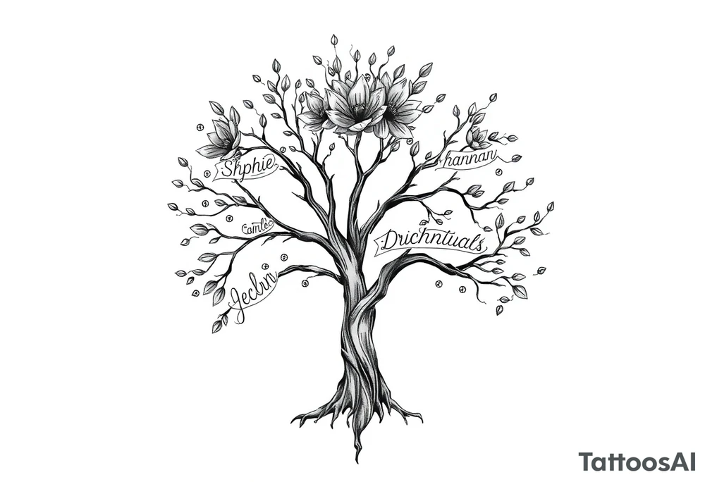 family tree tattoo with names sophie, chloe, shannon, hannah, hunter, jacob and declyn tattoo idea