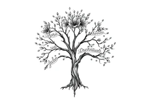 family tree tattoo with names sophie, chloe, shannon, hannah, hunter, jacob and declyn tattoo idea