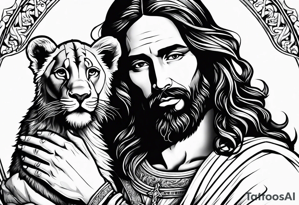 Jesus holding a lion cub tattoo idea