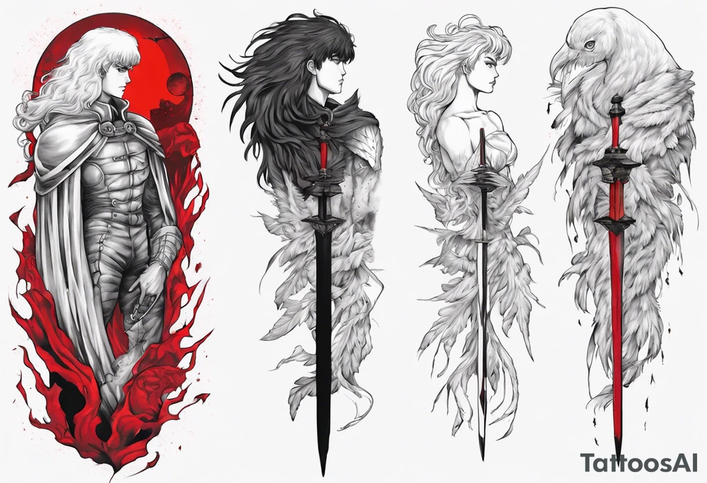 , griffith from berserk, manga, white feather bird, red eclipse, forearm tattoo tattoo idea