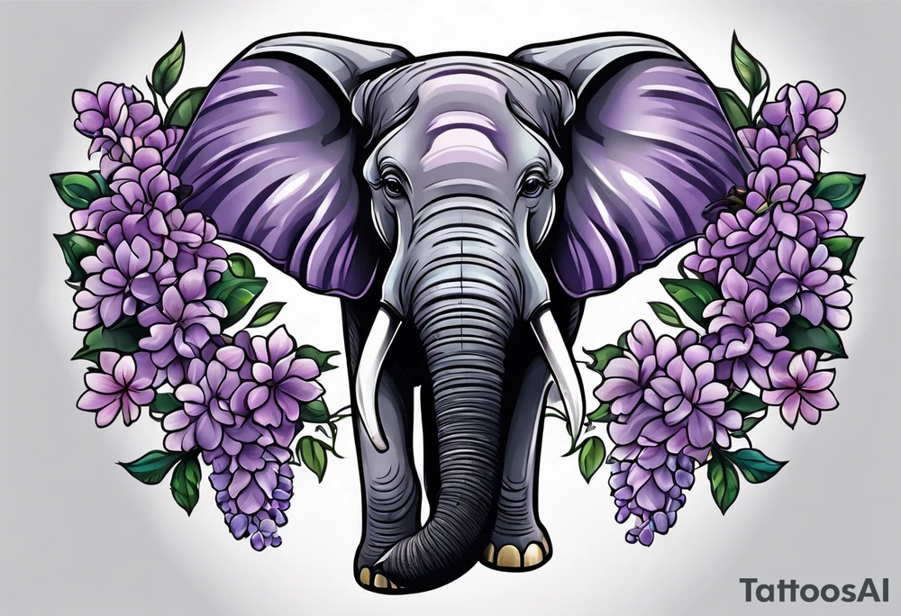 Half elephant face half lilacs tattoo idea