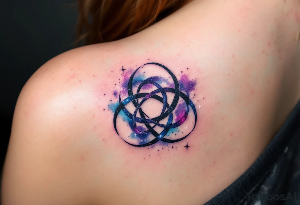 A cosmic-themed triskelion with a starry nebula effect, blending purples, blues, and blacks with scattered white stars. The spirals can mimic the shape of galaxies, embodying the vastness of the universe and infinite possibilities. tattoo idea