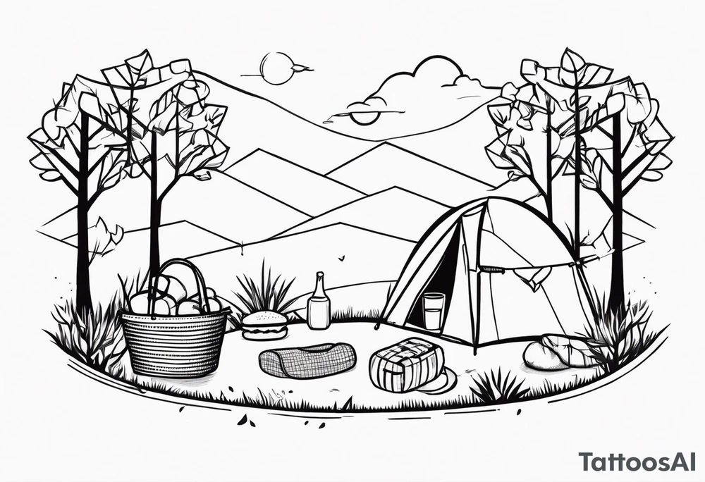 minimalstic picnic scene in nature with  with one picnic-basket, one backpack, pillows and party pennants in the trees. Thin lines. tattoo idea