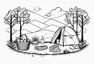 minimalstic picnic scene in nature with  with one picnic-basket, one backpack, pillows and party pennants in the trees. Thin lines. tattoo idea
