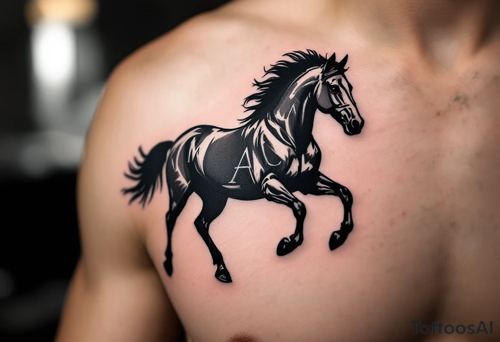 horse silhouette 
from the front which gallops from the front, with the 3 small letters discreetly integrated: M, A, L tattoo idea