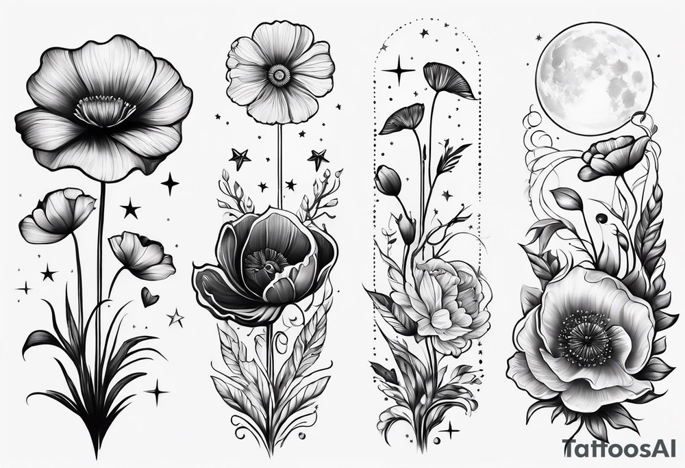 fine line vertical spine tattoo with stars, moon, clouds, poppy dainty very simple, outline, no shading tattoo idea