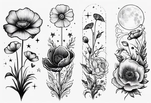 fine line vertical spine tattoo with stars, moon, clouds, poppy dainty very simple, outline, no shading tattoo idea