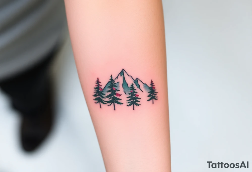 Lower forearm, trees with mountains in background, leaves on the trees are pink, purple, teal, red tattoo idea