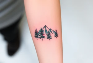 Lower forearm, trees with mountains in background, leaves on the trees are pink, purple, teal, red tattoo idea