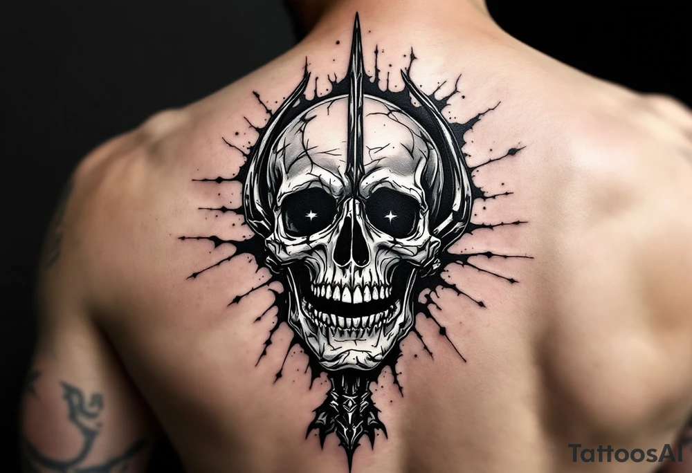 laughing skeleton face behind trident tattoo idea
