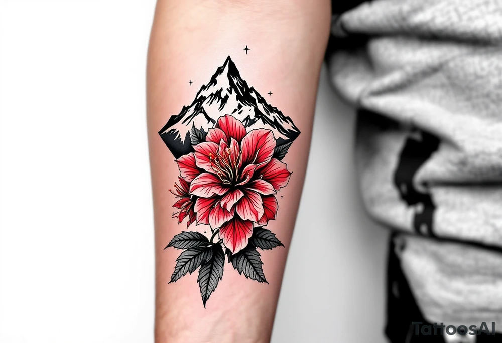 red  and black rhododendron trippy with Himalayas behind tattoo idea