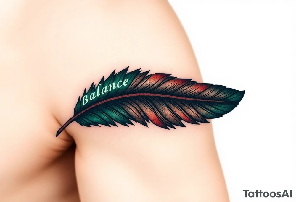 A deep forest green and brown feather, detailed with intricate natural veins, with the word "Balance", symbolizing harmony between two souls tattoo idea