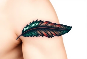 A deep forest green and brown feather, detailed with intricate natural veins, with the word "Balance", symbolizing harmony between two souls tattoo idea