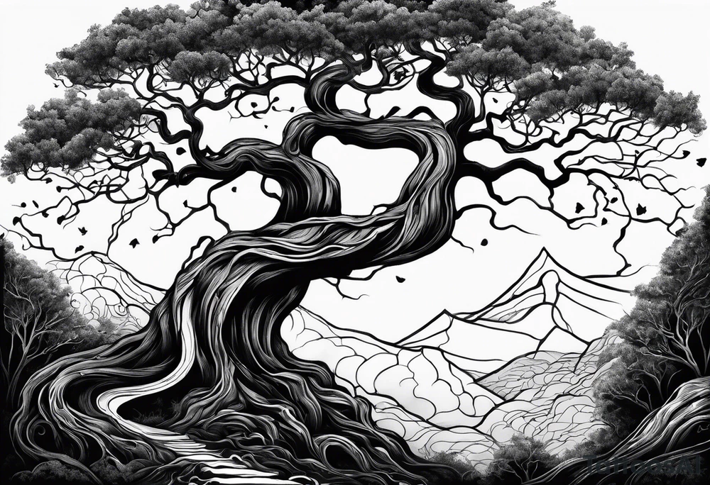 A tree reaching the sky with the roots reaching hell, having a snake around it. All based on Carl Jung ideas. tattoo idea