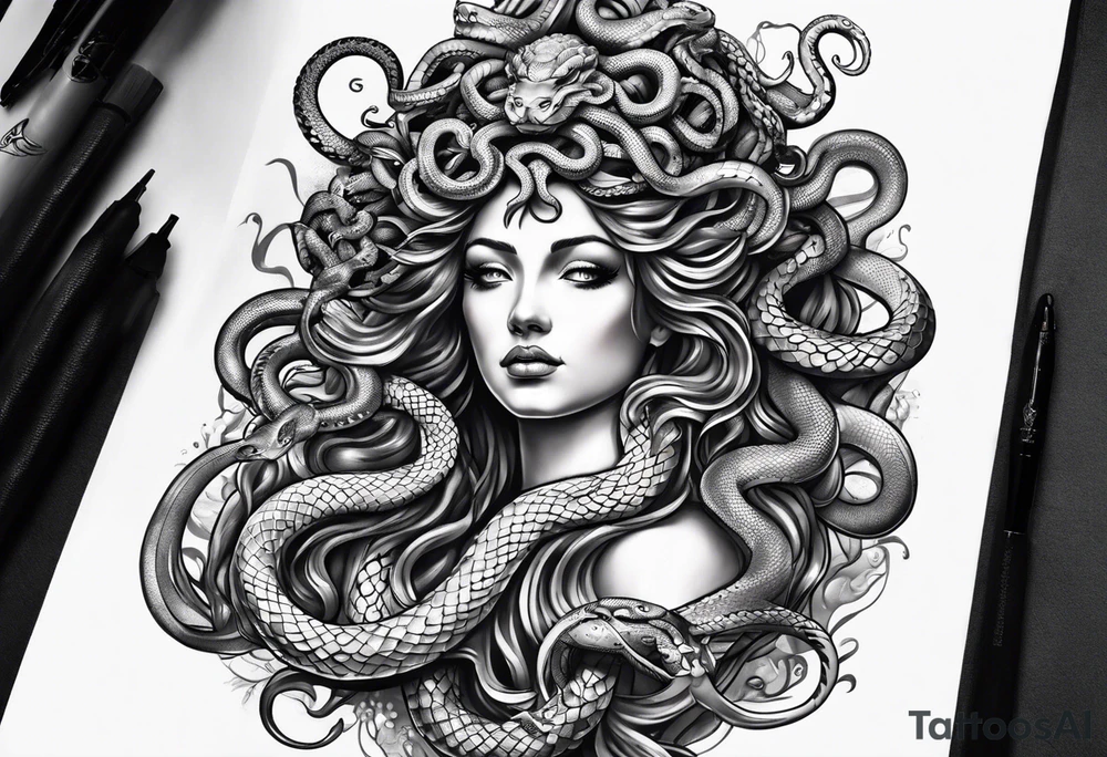 arm tattoo of Medusa as a statue with snakes for hair tattoo idea