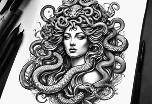 arm tattoo of Medusa as a statue with snakes for hair tattoo idea