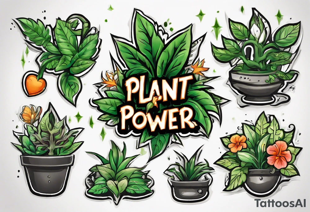 Words “Plant Power” with plants tattoo idea