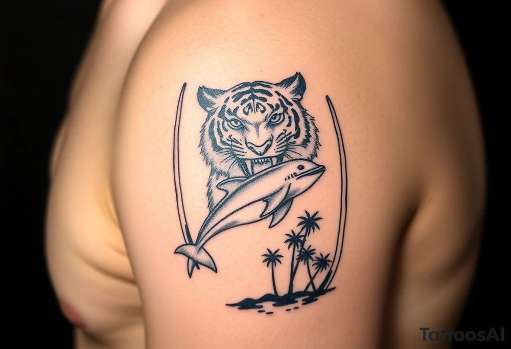 fierce tiger emerging through the trees with a jumping dolphin and palm trees underneath it tattoo idea