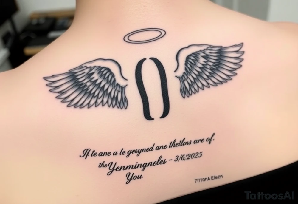 A semicolon intertwined with angel wings and a halo. At the bottom add this quote "If tears could build a stairway, and memories a lane, I'd walk right up to heaven and bring you home again." And also add my mother's name somewhere (Justina Eileen) and these dates 7/10/1984 - 3/6/2025 tattoo idea