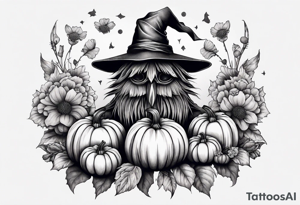 Scarecrow with pumpkins and flowers tattoo idea