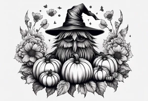 Scarecrow with pumpkins and flowers tattoo idea