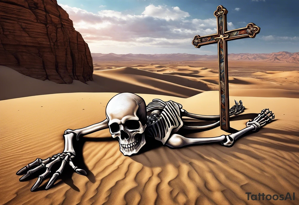 skeleton crawling towards a cross in a desert tattoo idea