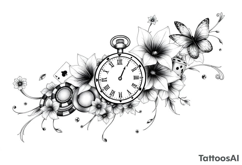 Casino only theme , poker chips deck of cards dice a pocket watch
 with lily flowers
 with raindrop swirls and butterfly’s tattoo idea