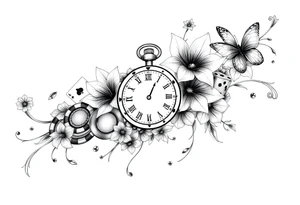 Casino only theme , poker chips deck of cards dice a pocket watch
 with lily flowers
 with raindrop swirls and butterfly’s tattoo idea