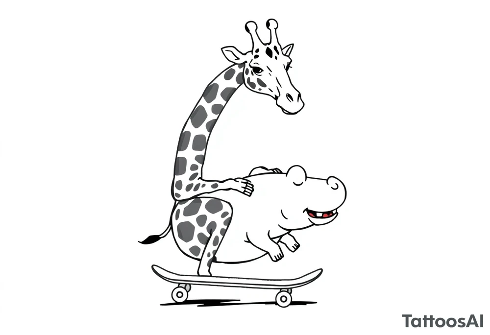 Majestic giraffe riding a skateboard and eating a hippo sandwich tattoo idea