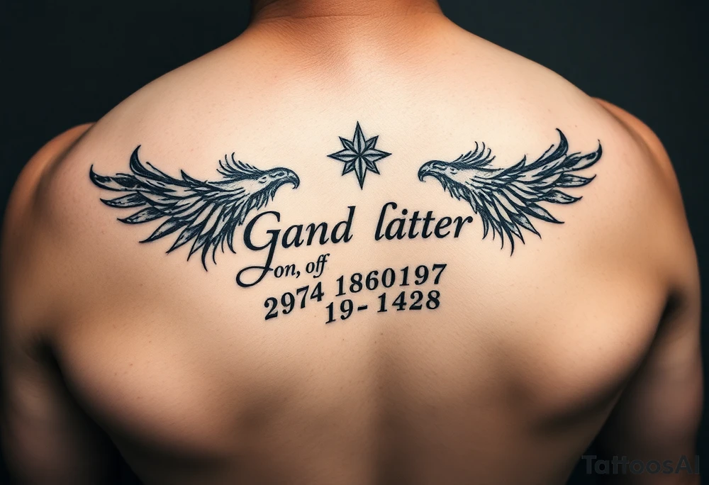 Small tattoo , on the traps , representing grandfather and date of death, could be in German or English tattoo idea