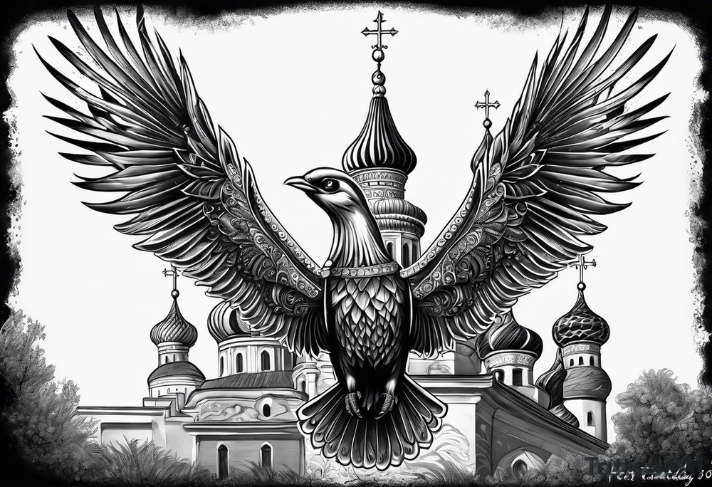 russian firebird in-flight with long fancy tail and 3 small onion cap monastery towers in background, with "Isaiah 43: 18-19" tattoo idea