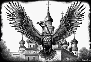 russian firebird in-flight with long fancy tail and 3 small onion cap monastery towers in background, with "Isaiah 43: 18-19" tattoo idea