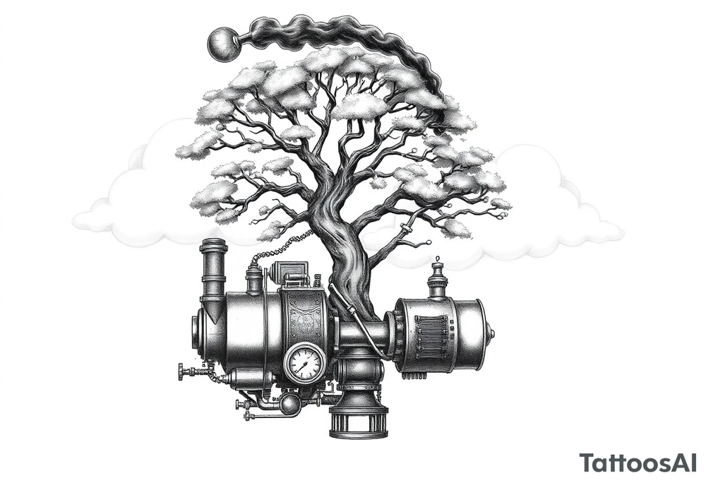 tree growing out of a v shaped engine with lots of pipes, guages and steam around the engine 
 with a smoke stack coming out of the top 
 billowing black smoke as if the tree and engine were a flying machine flying through the air 
 with an extreme steam punk vibe alot more steam punk 
it should look somewhat like a hot air baloon where the tree is the balloon and the machine is the basket but they are together as one unit, and the sky should have clouds in the back ground as if it were chugging along flying through the sky and needs to look extremely steam punk tattoo idea