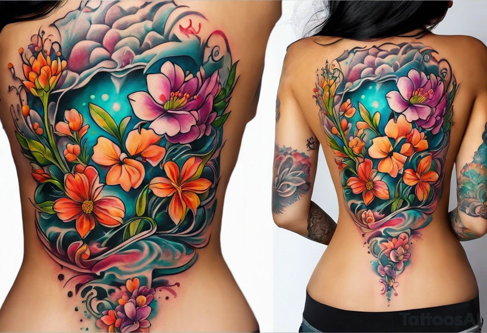 Microbiology, chemistry, biology, science tattoo for a woman’s back and side with flowers. tattoo idea